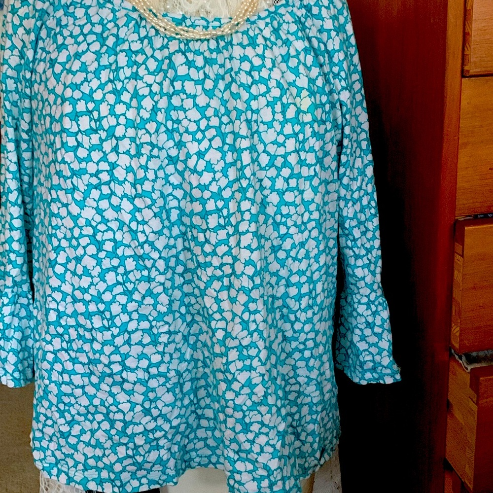 MICHAEL KORS SHIRT TOP XL LADIES’ COTTON 3/4 SLEEVE BOAT NECK WHITE&TURQUOISE